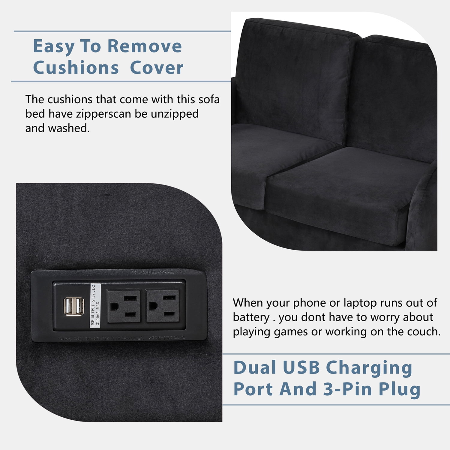 Kadyn Pull Out Sofa Bed, Loveseat Sleeper Sofa Bed with USB Charging Port and 3-pin Plug, Convertible Sofa Bed with Twin Size Mattress Pad, Black Kadyn Pull Out Sofa Bed, Loveseat Sleeper Sofa Bed with USB Charging Port and 3-pin Plug, Convertible Sofa Bed with Twin Size Mattress Pad, Black