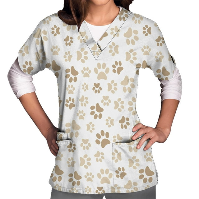 Snoarin Summer Plus Size Summer Tops for Women Tops Short Sleeve V-neck Tops Working Uniform Floral Print With Three Pockets Blouse Work Uniforms for Women on Clearance