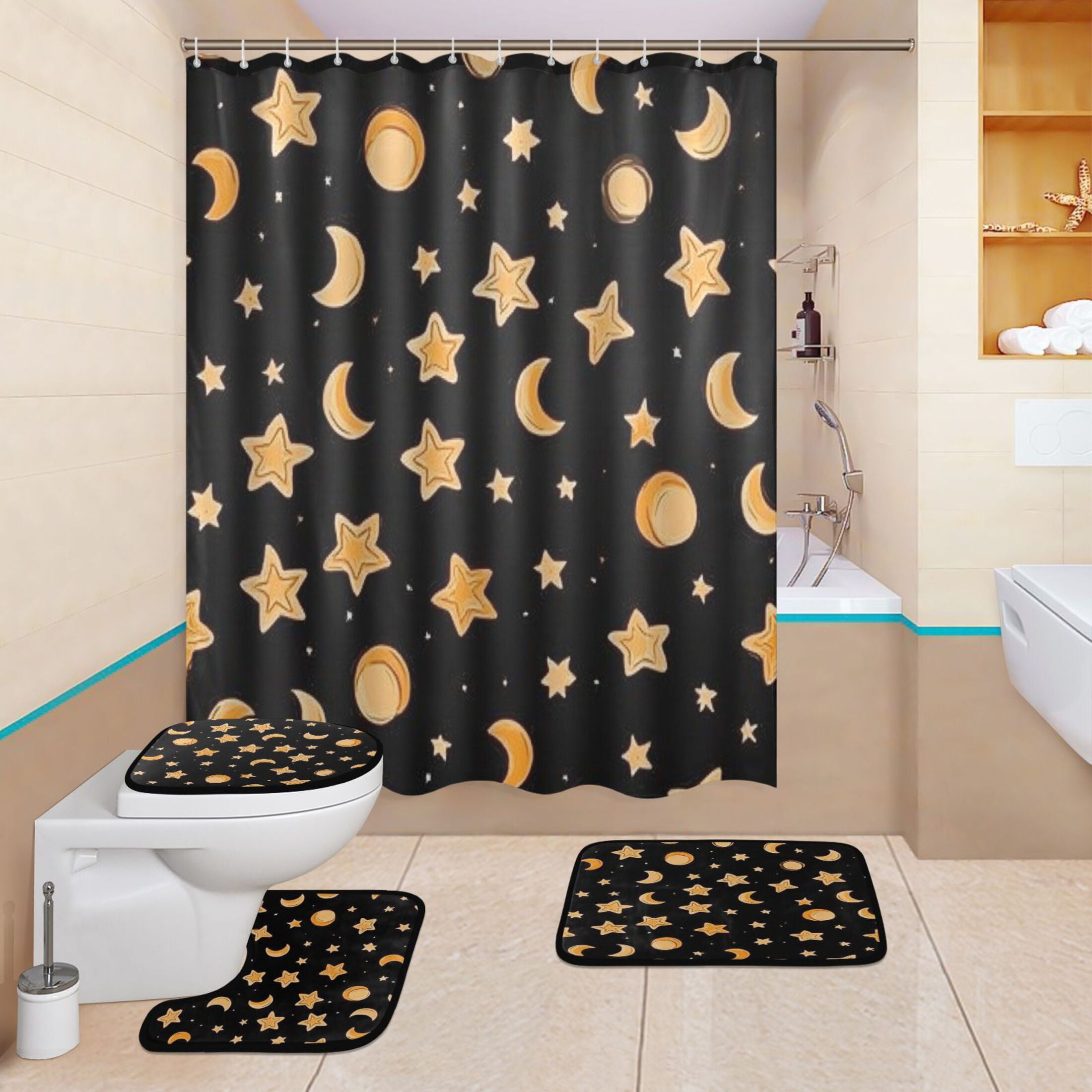 Sun Moon and Stars Bathroom Accessory Curtain Sets Bath Curtain Anti-Slip Mats and Toilet Pad 66x72in