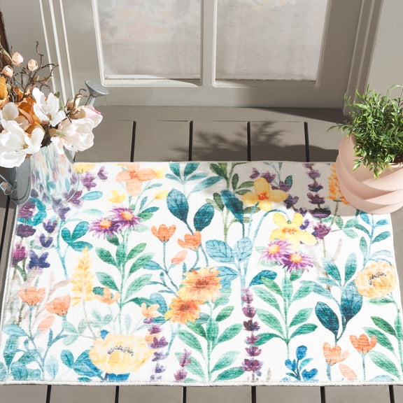 Safavieh Door and Kitchen Mat Driskoll Floral Machine Washable Area Rug, Ivory/Green, 2'3" x 4'