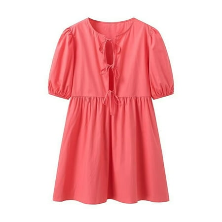 ShomPort Women s Babydoll Dresses Summer Loose Round Neck Lantern Sleeve Front Lace up Blouse Mini Dresses