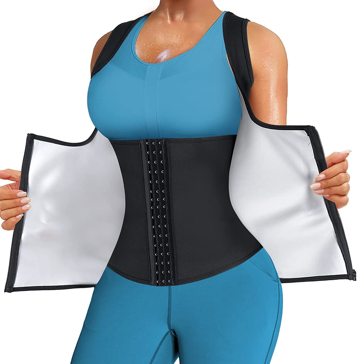 Women Body Shaper Corset Sauna Sweat Suit Sleeve Hot Polymer Waist Trainer Fitness Slimming Workout Vest Top with Zipper 
