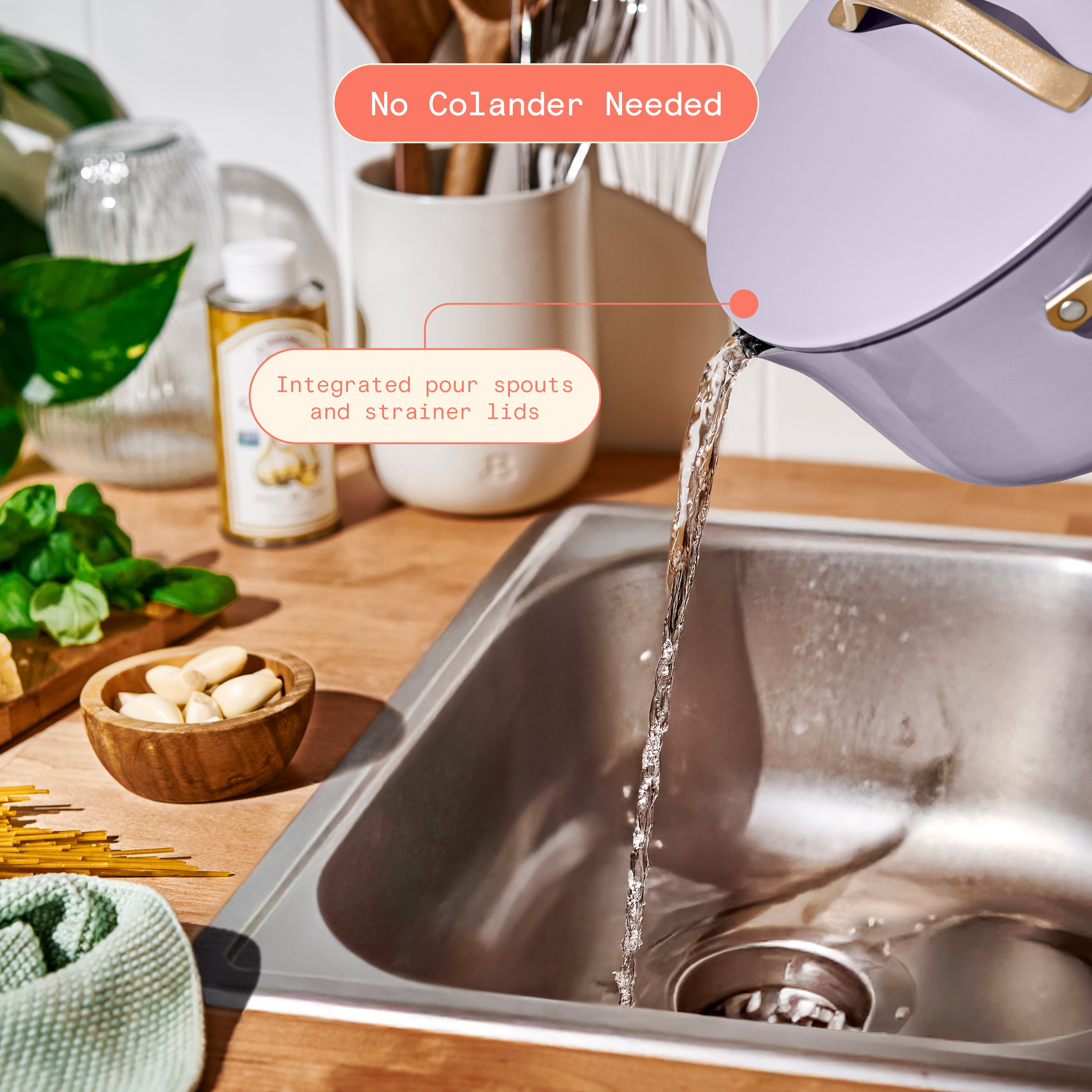Beautiful 12-Piece Ceramic Nonstick Cookware Set, Pots and Pans with Strainer Lids, Lavender by Drew Barrymore