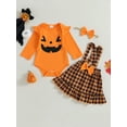 thumbnail image 2 of Wassery Baby Girls Halloween Clothes Long Sleeves  Pumpkin Smiley Face Print Romper and Plaid Suspender Skirt Headband 3 6 9 12 18 24 Months Infant Fall Outfit 3PCS, 2 of 9