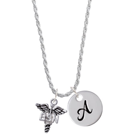 Delight Jewelry Silvertone Caduceus - BSN Silvertone Script Initial Disc - A - Charm Necklace, 20"+3"