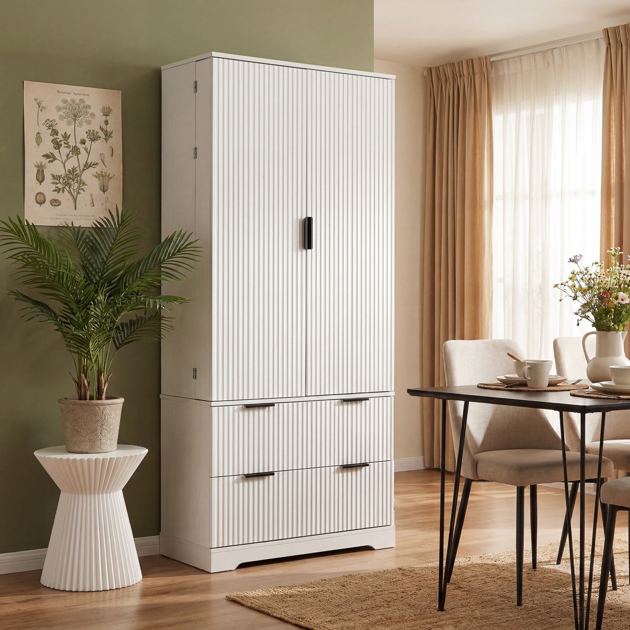 Noble House 71.65" Fluted Pantry Cabinet with Drawers, Door Spice Racks, Adjustable Shelf, White