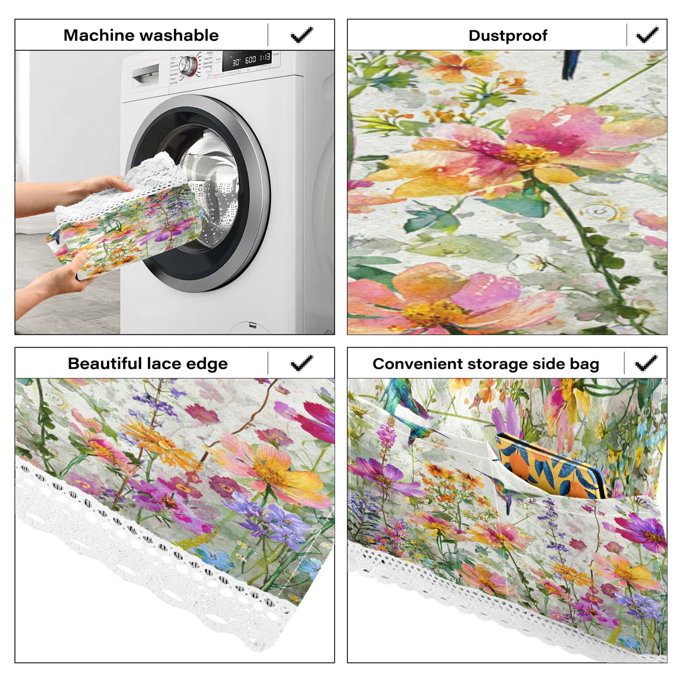Wobogo Hummingbirds and Wildflowers Washing Machine Cover Dustproof Washer Dryer Cover Waterproof Laundry Room Decorative Protector