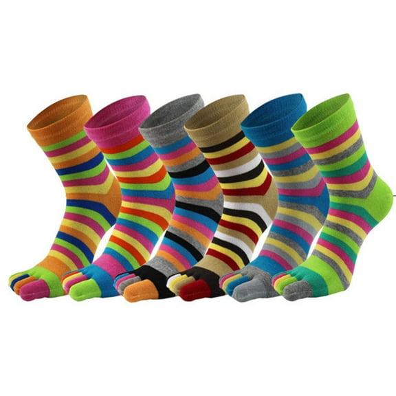 6 Pairs Women Cotton Five Finger Ankle Socks Rainbow Colorful Striped Breathable Toe Separated Mid Tube Hosiery Gifts