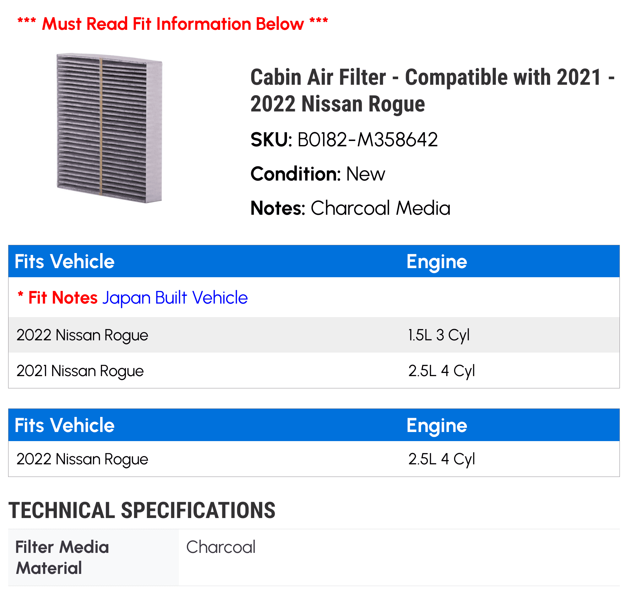 Cabin Air Filter - Compatible with 2021 - 2022 Nissan Rogue