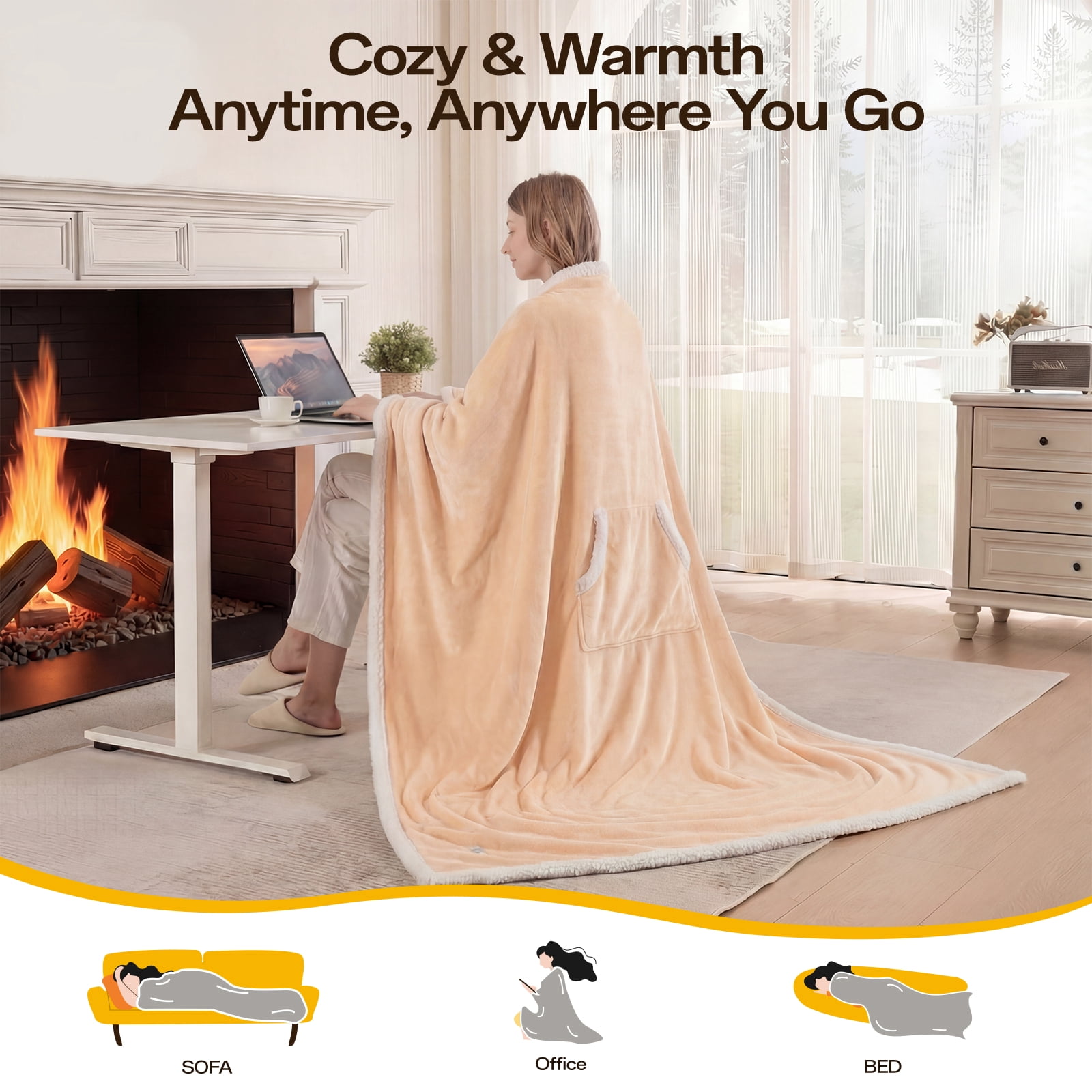 ELEKA Wearable Heated Blanket with Foot Pocket，Electric Blanket with Sleeves，6 Heating Levels,4 Hours Heating Time Settings，Beige，52*72