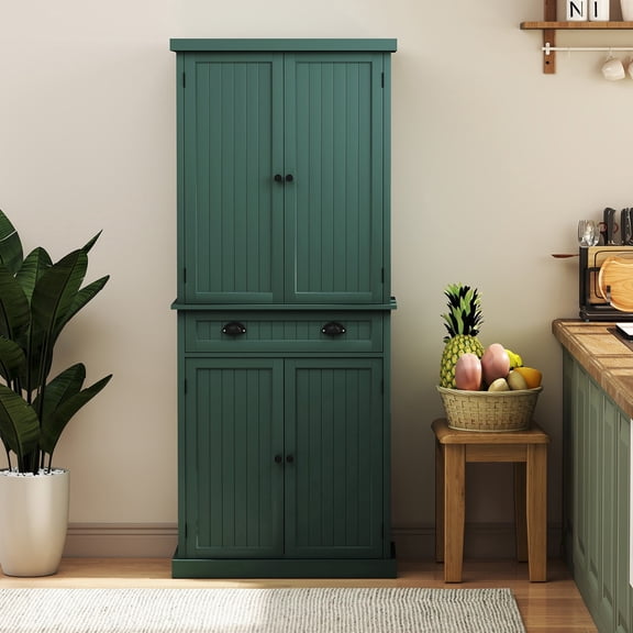 CBJCBJ 72" Wood Pantry Cabinet, 4 Adjustable Shelves and Central Drawer with Storage , Freestanding Kitchen Organizer for Dining Room(Green)