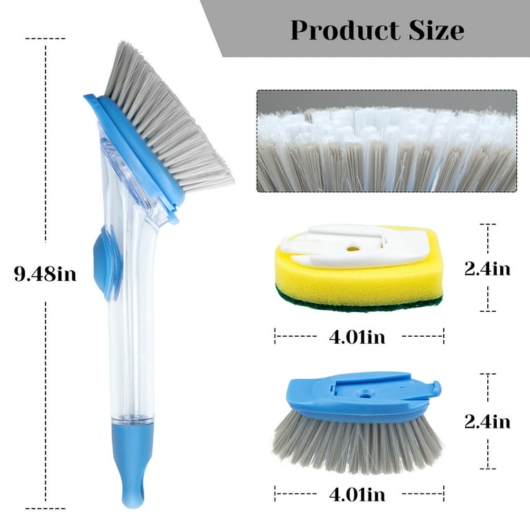 Soap Dispensing Dish Brush with Handle, Scrub Brush with 4 Sponge  Replacement Heads & 2 Adhesive Hooks 