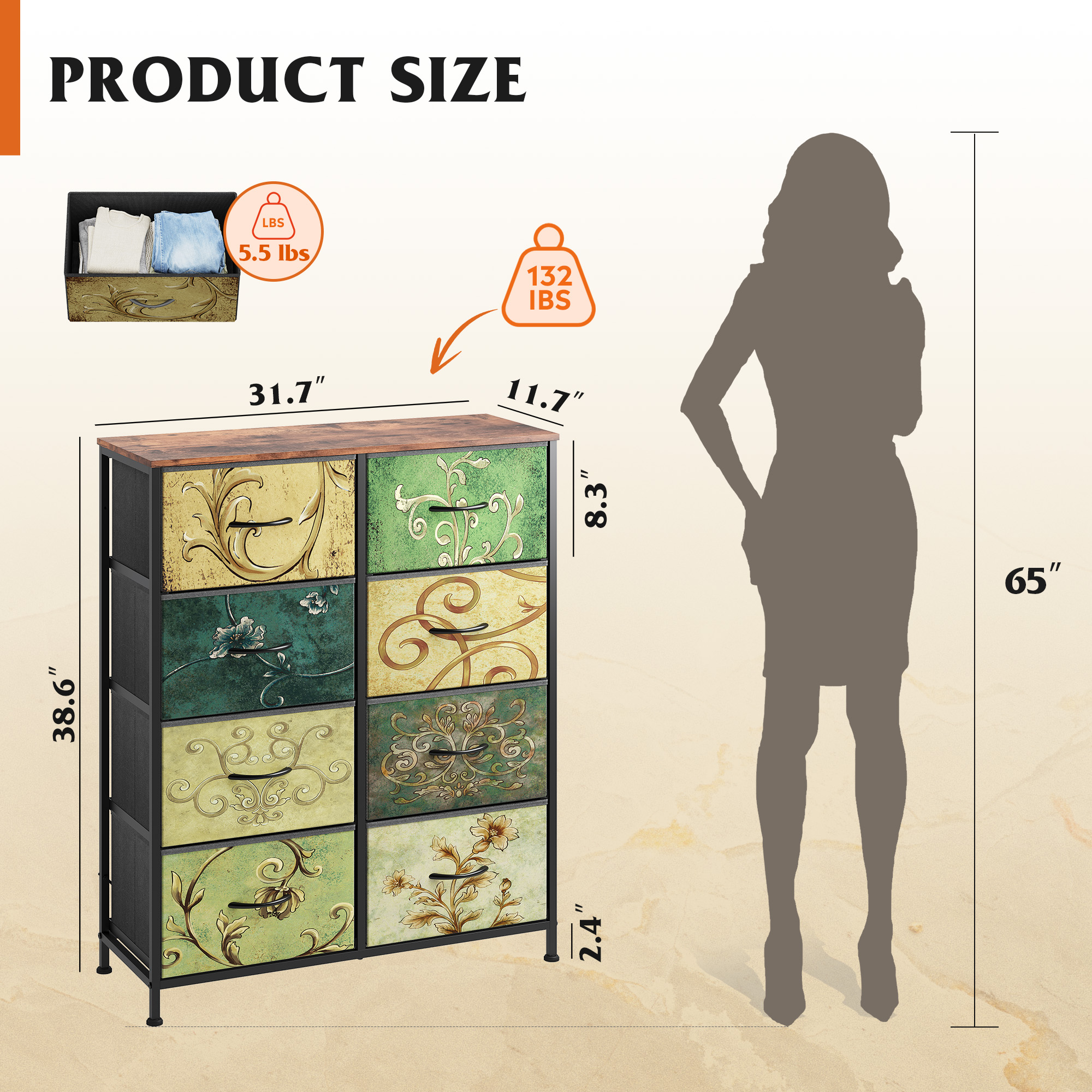 GALAXHERO 8 Drawer Fabric Dresser for Bedroom, Storage Bins Chest of Drawer for Closet, Living Room, Hallway, Floral Painted