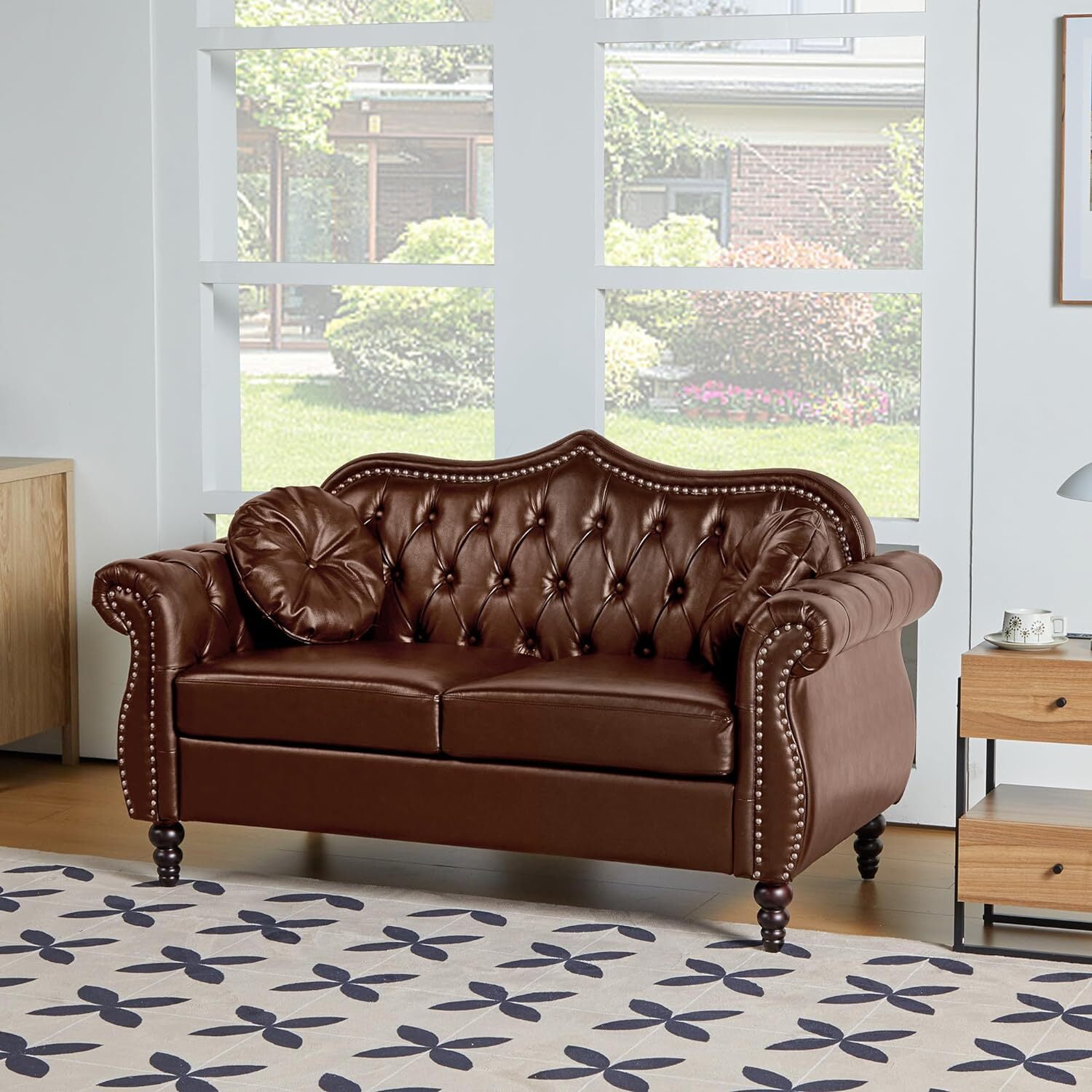 Giratree Living Room Furniture Sets, Chesterfield 3 Piece Sofa Set, Faux Leather Couch, Brown