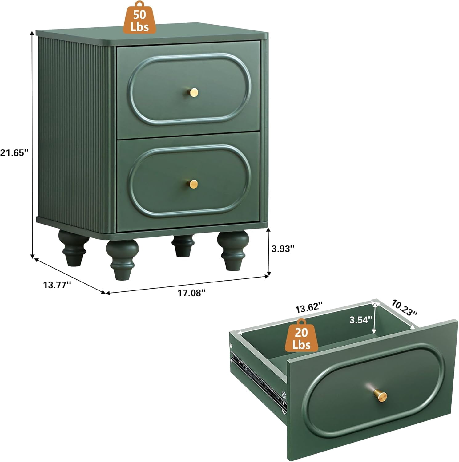 Wirrytor 2 Drawer Fluted Nightstand Set of 2, Mid Century Modern Farmhouse Bedside Table,Sofa Table, Small End Table Bedside Table for Bedroom Living room, Green