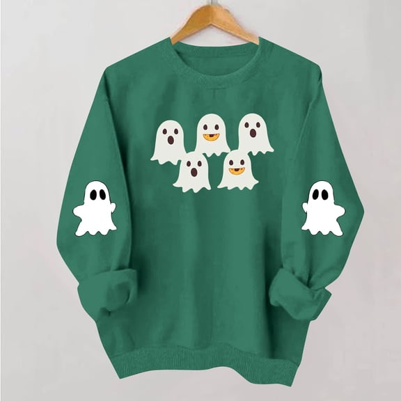 NSLGXD Womens Halloween Sweatshirts Spooky Ghost Graphic Pullovers Soft Loose Fit Round Neck Long Sleeve Shirt Tops Halloween Clothes