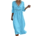 thumbnail image 3 of VBVC Women's Cotton Linen V Neck Midi Dress , Ladies' Hollow Out 3/4 Sleeve Swing Tunic , Casual Summer Beach Vacation Dresses For Women,Blue,XS-5XL, 3 of 9