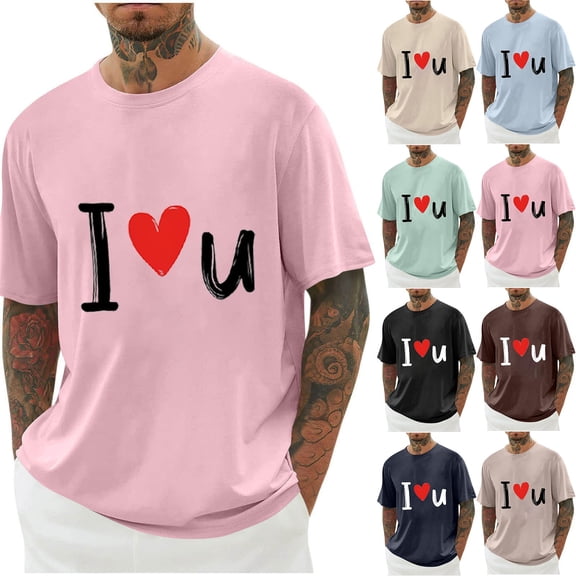 Jinhomg Mens Big and Tall Tee Shirts Valentine's Day Heart Graphic Casual Tops Lightweight Comfy Short Sleeve Crew Neck Holiday Tees Beige L