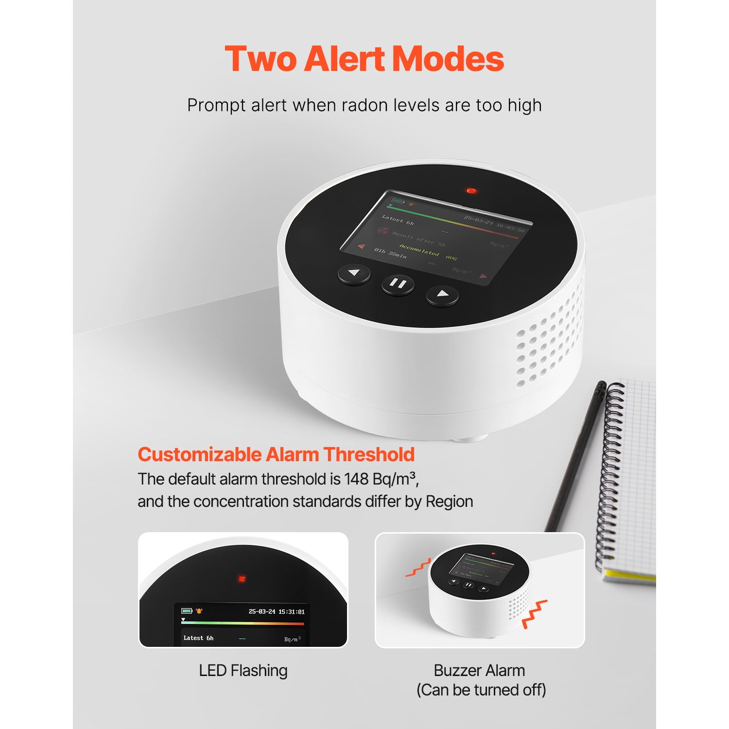 KFFKFF Home Radon Detector, 3.3Bq to 37kBq/m³,  Battery Powered Radon & Air Quality Monitor, Color Screen, Extended Radon Level Tracking, Rechargeable or Wired Option