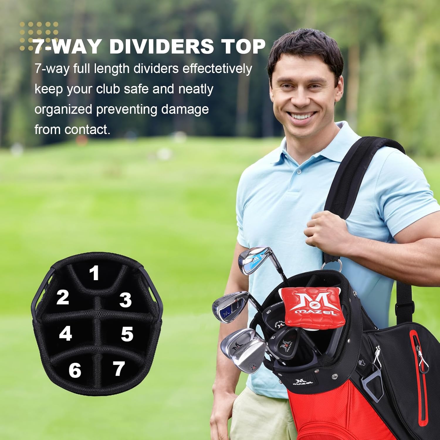 MAZEL Golf Cart Bag with 7-Way Full Length Dividers Top and 9 Pockets,Lightweight Golf Club Bag for Men & Women