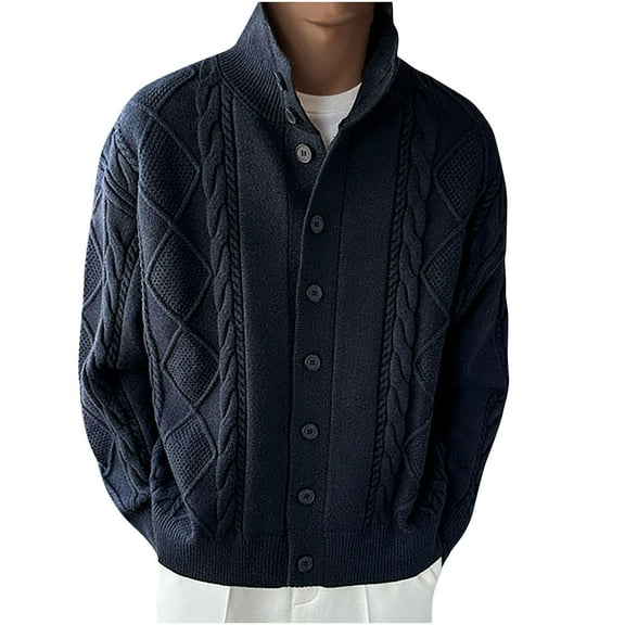 XFYSSS Fashion Casual Men's Solid Color Texture Design Cardigan Button Knit Sweater Jacket Stand Collar Sweater Coat