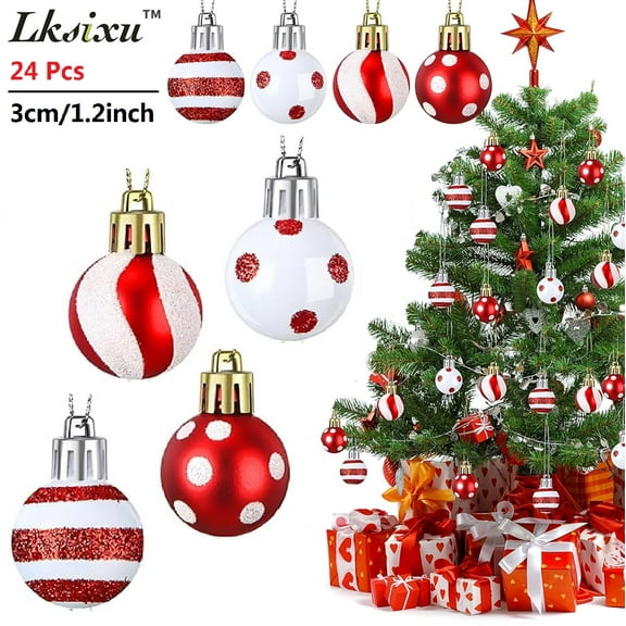 Lksixu 24 Pcs Christmas Balls Ornaments, Christmas Decorations for Xmas Tree 1.2" Mini Hand-Painted Glitter Decorative Ball Pendants, Shatterproof Christmas Tree Hanging Baubles for Party Holiday