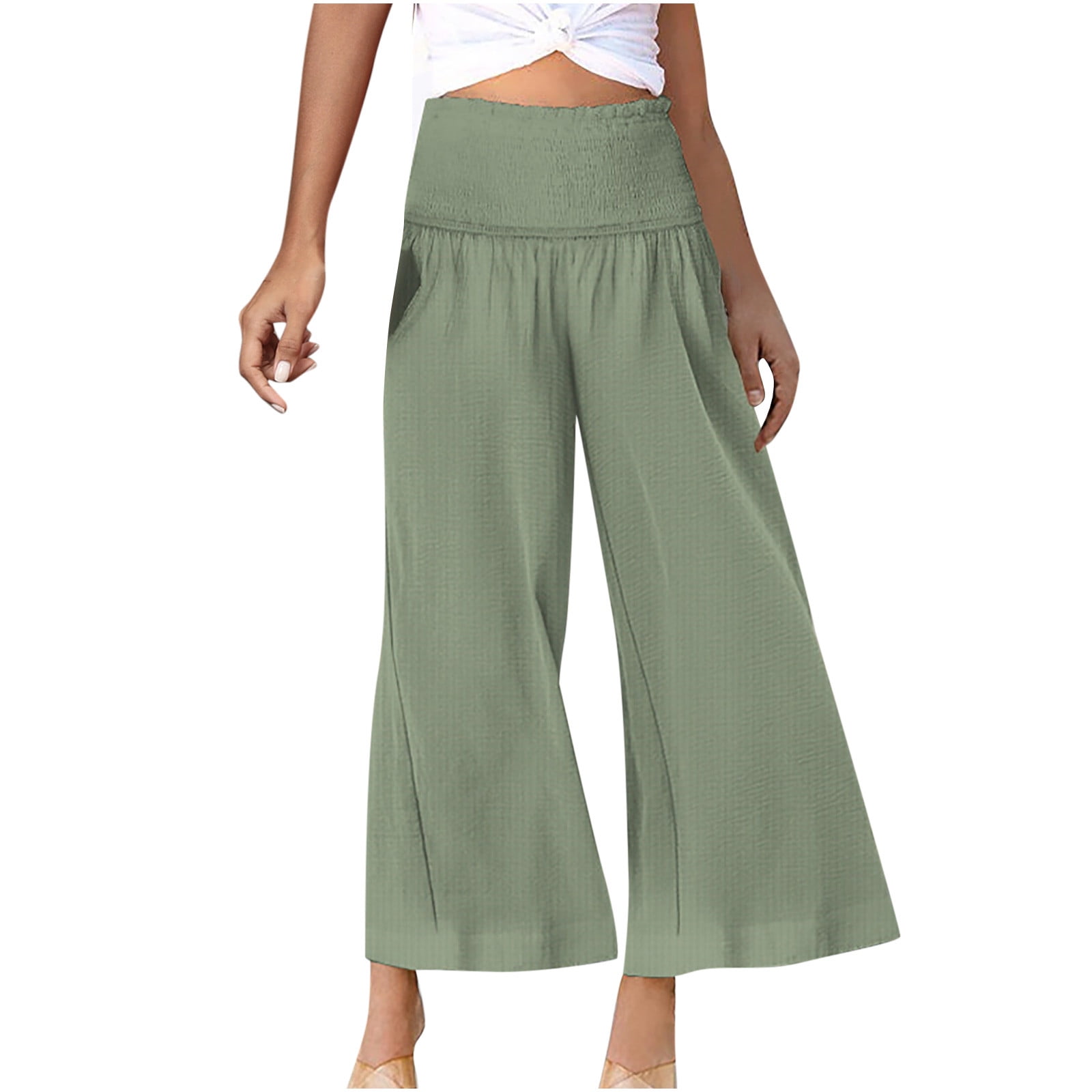 Women's Casual Wide Leg Palazzo Pants Smocked High Waist Flowy Lounge