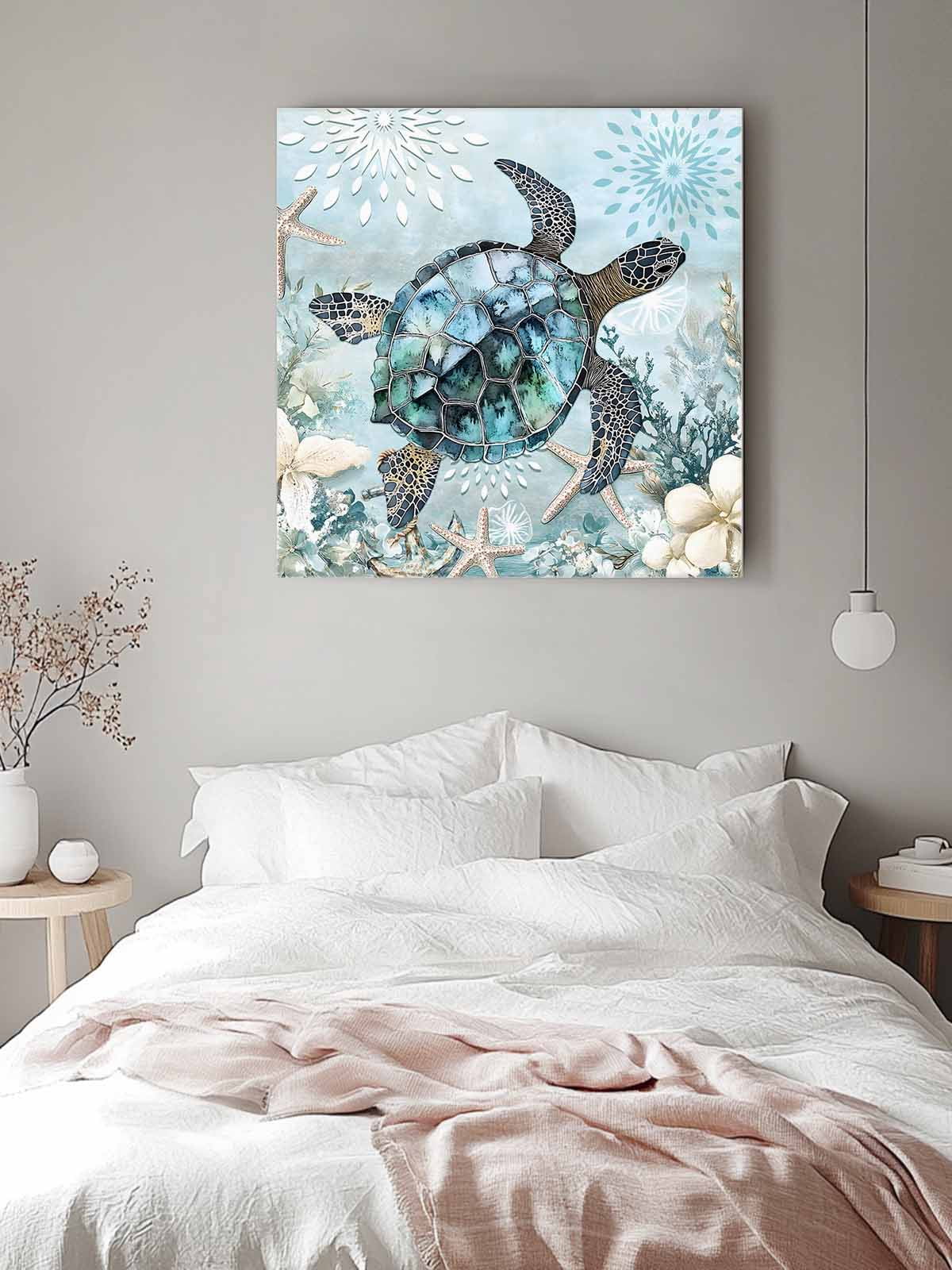 Ocean Turtle Canvas Wall Art, Marine Life Starfish Coral Retro Framed Wall Decor Modern Artwork Prints Painting for Living Room, Bedroom, Kitchen & Cafe Decor 16x16 Inch