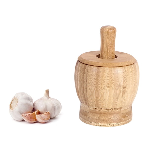Fiudx Juego de Mortero y Maja, Herramienta de Molienda Manual, Material de Bambú, Tapa Antisalpicaduras, Multiusos para Ajo, Jengibre, Nueces y Cacahuetes, Uso Doméstico En Cocina, Tamaño Pequeño, Me