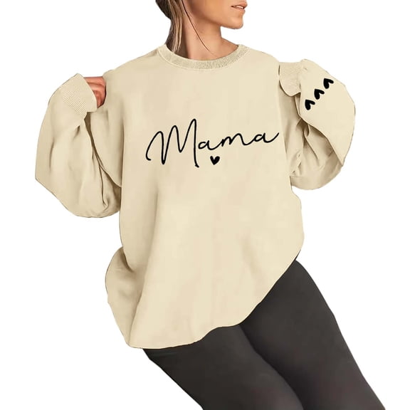 Oversize Women Sweatshirts MAMA Letter Print Crew Neck Long Sleeve  Lightweight Outfits Clothes Beige