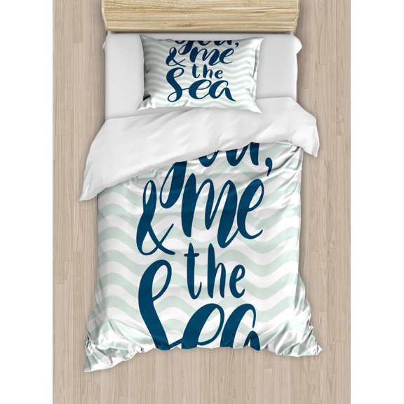 Beach Saying Duvet Cover Set Twin Size, You Me and the Sea Text on Wavy Background, Decorative 2 Piece Bedding Set with 1 Pillow Sham, Dark Petrol Blue Pale Almond Green and White, by Ambesonne