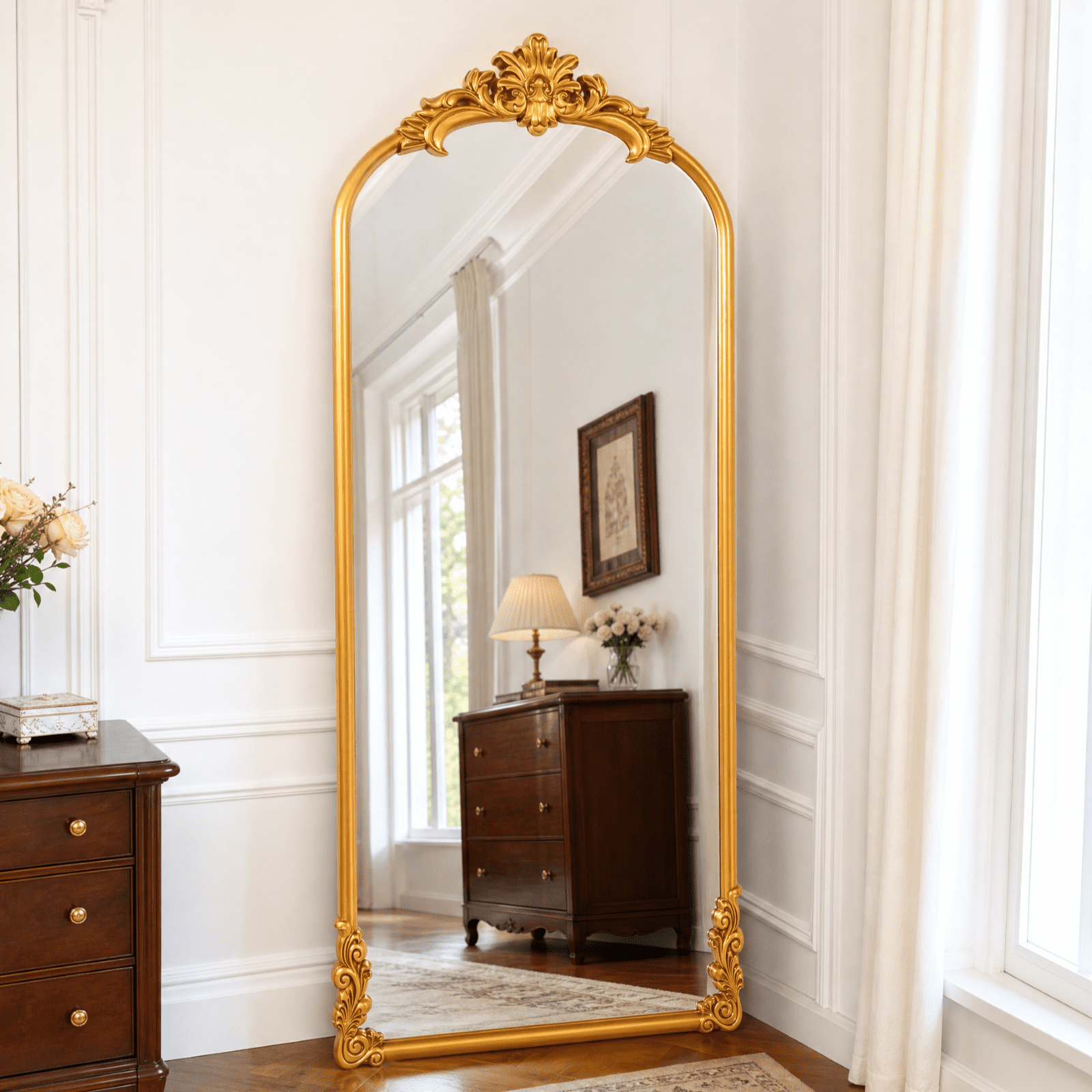 EVARNIO 69"x28" Vintage Full Length Mirror Arched Floor Mirror Baroque Style Wall Mounted Mirror Ornate Decor Mirror with Stand, Gold