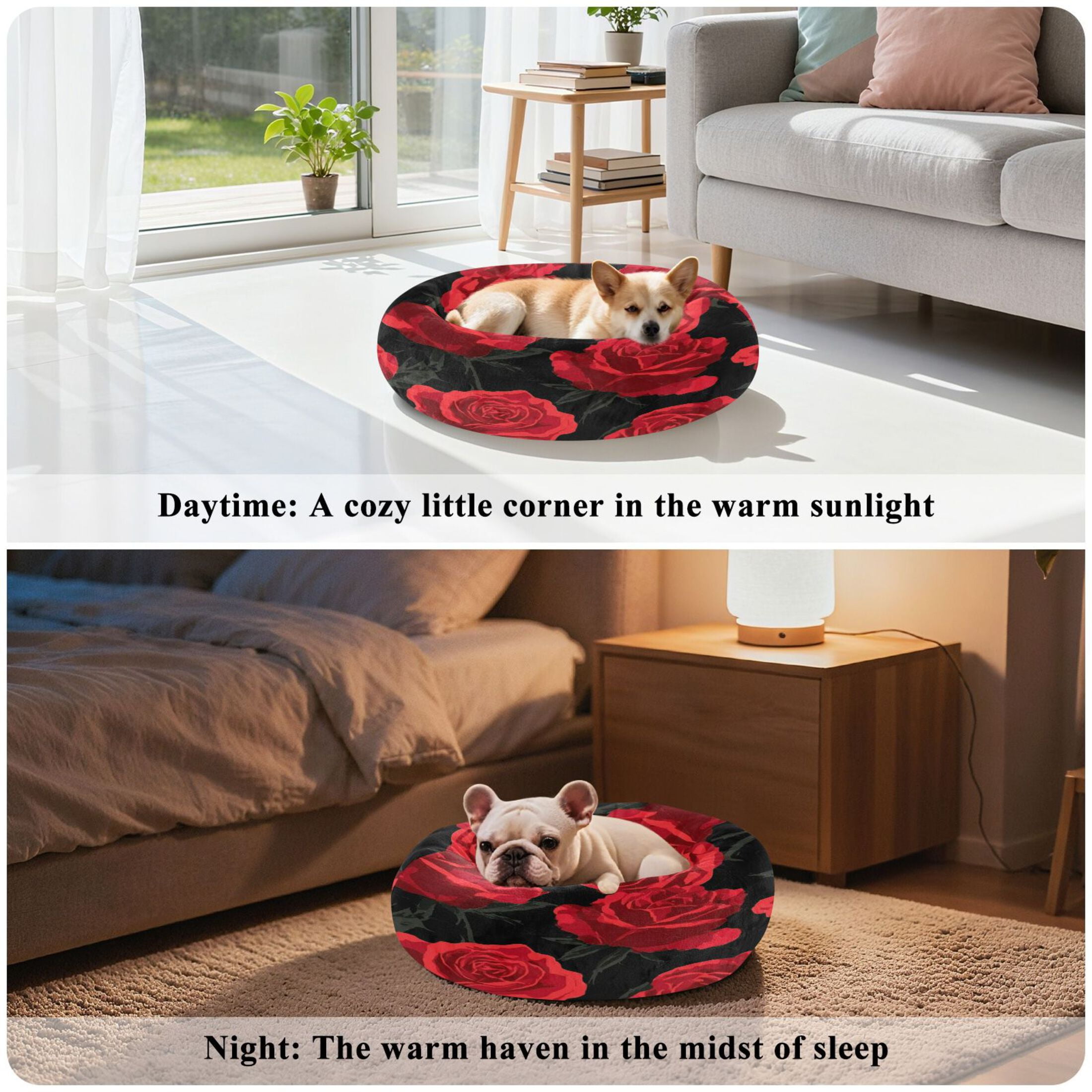 Iauyy Pet Couch Donut Cat Bed for Indoor Cats/Small Dogs Washable & Machine with Non-slip Bottom Calming Cat Furniture, Black and Red Roses (M)