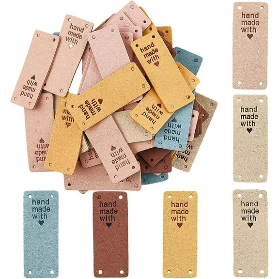 60Pcs Hand Made with Love PU Leather Tags 6 Colors Rectangle Microfiber Leather Labels Embossed Crochet Tags Knit Accessories for DIY Valentine's Day Gift Crafts Sewing Knitting Hats colorful