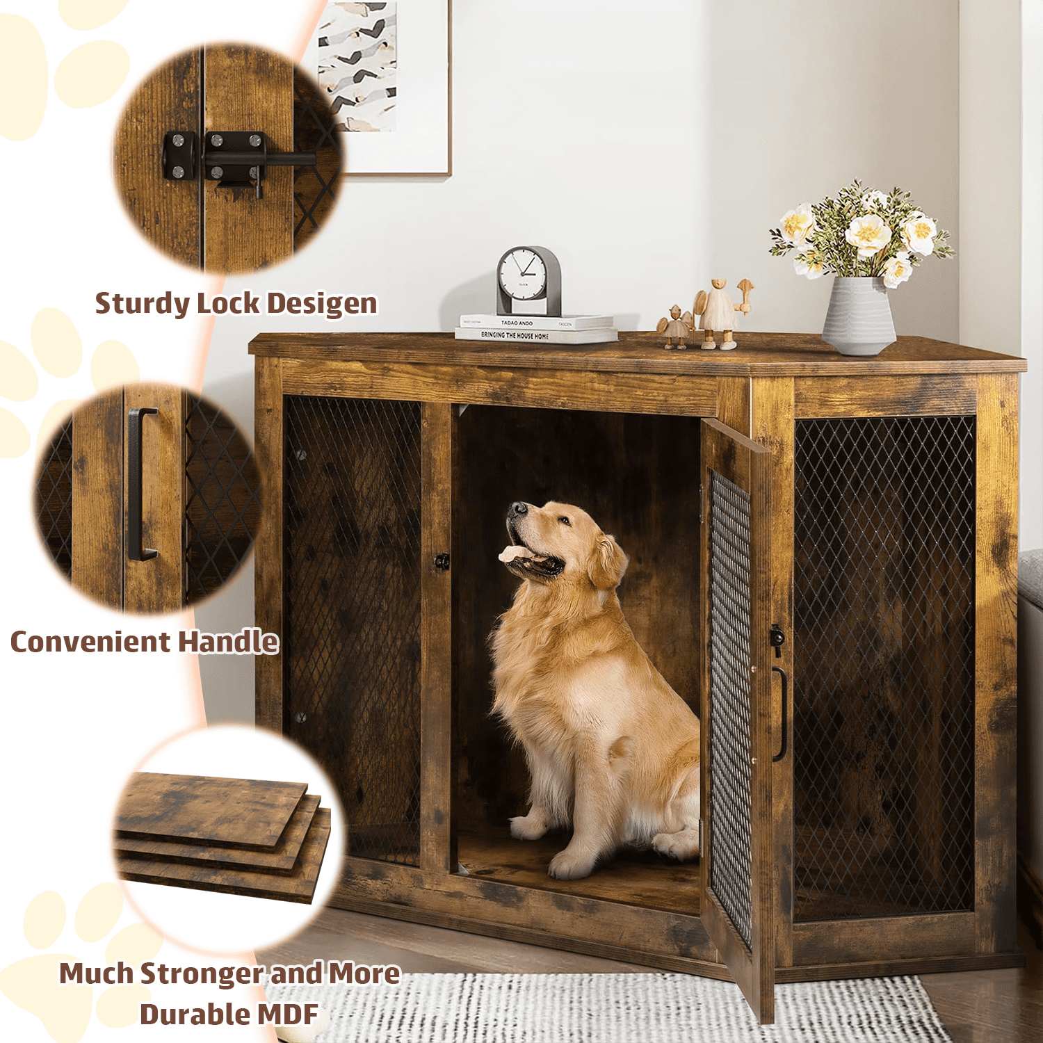 Bossin 52"Corner Dog Crate Furniture，Wooden Dog Kennel Indoor Furniture，Decorative Dog Crate, Dog Kennel TV Stand End Table for Small to Large Dogs