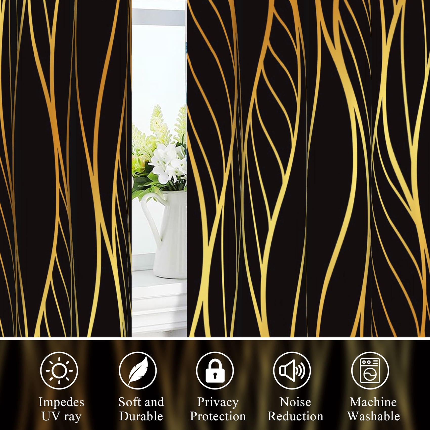 Dashan Golden Wave Line Blackout Curtains for Bedroom Living Room Decor Grommet Window Drapes 52x84 Inch,2 Panels