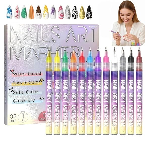 Nail Art Pens Set 12 Colors Nail Art Markers,2025 Nail Polish Pens Drawing Painting Pen for Home Salon,Quickly Dry Nail Art Nail DIY Decoration for Adult