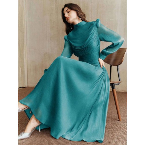 Turquoise Ruched High Neck Long Sleeve Maxi Dress For Women