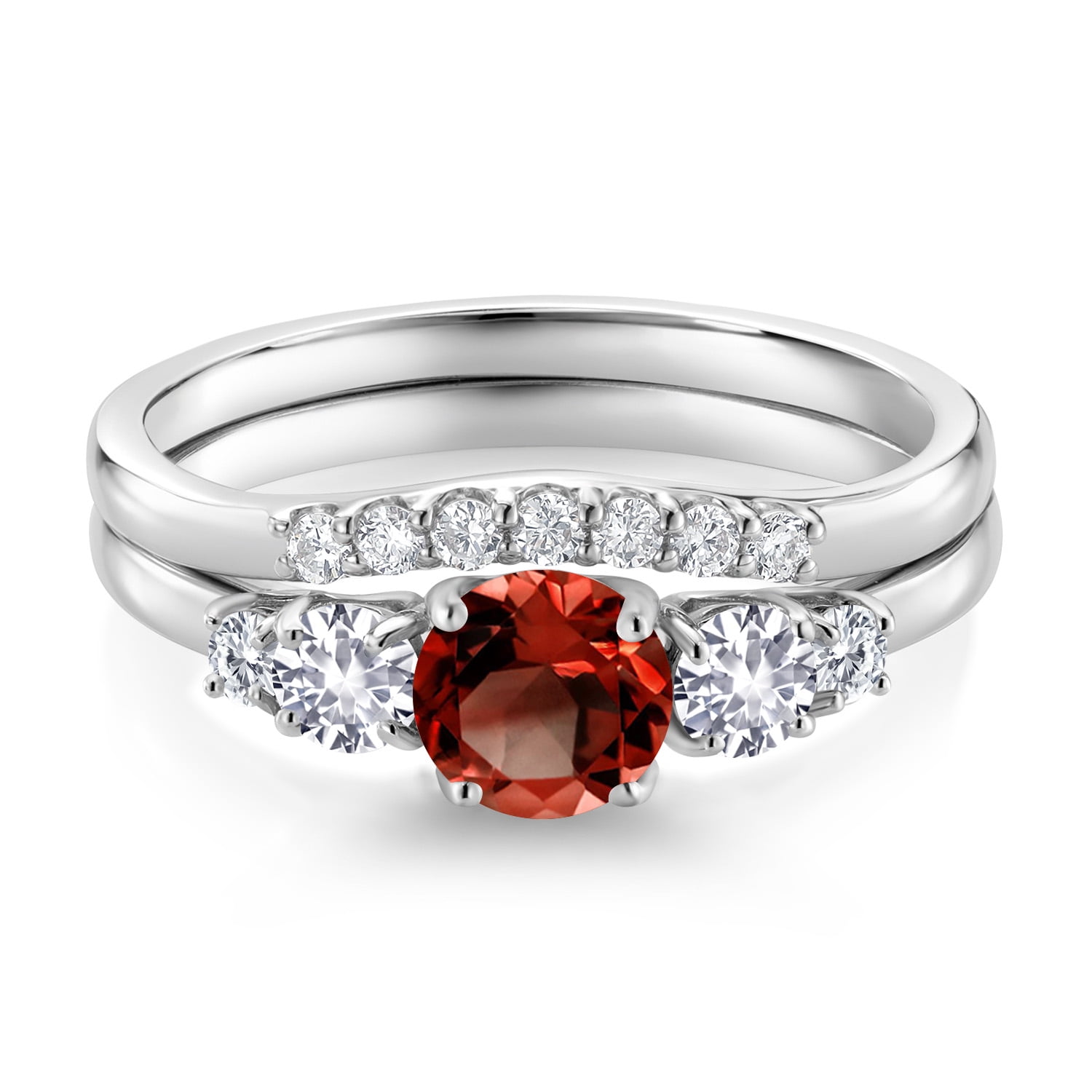 Gem Stone King 10K White Gold Red Garnet White Created Sapphire and White Lab Grown Diamond 5 Stone Bridal Engagement Wedding Ring Set for Women | 1.37 Cttw | Round: 5MM and 3MM | Size 5-9 | Size 8