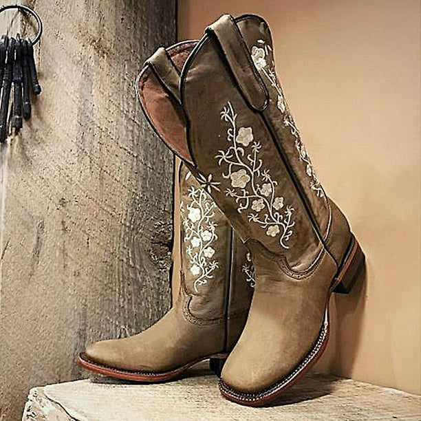 Botas vaqueras para mujer botas vaqueras modernas con bordado occidental pantorrilla ancha y punta cuadrada botas vaqueras para mujer 39 yardas JM JM Walmart en linea