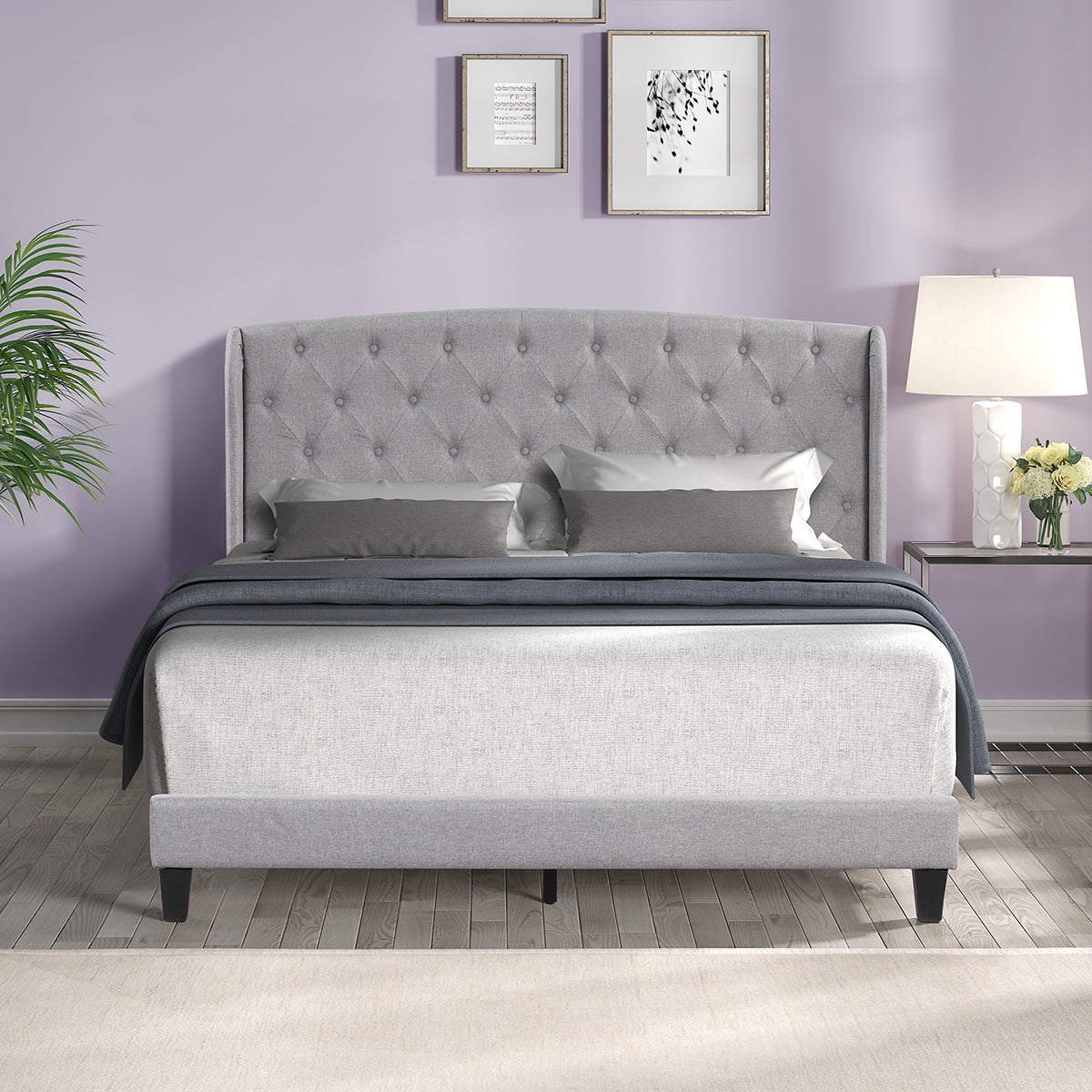 Private Jungle Upholstered Platform Bed Frame, Full Platform Bed with Upholstered Button Headboard, Gray