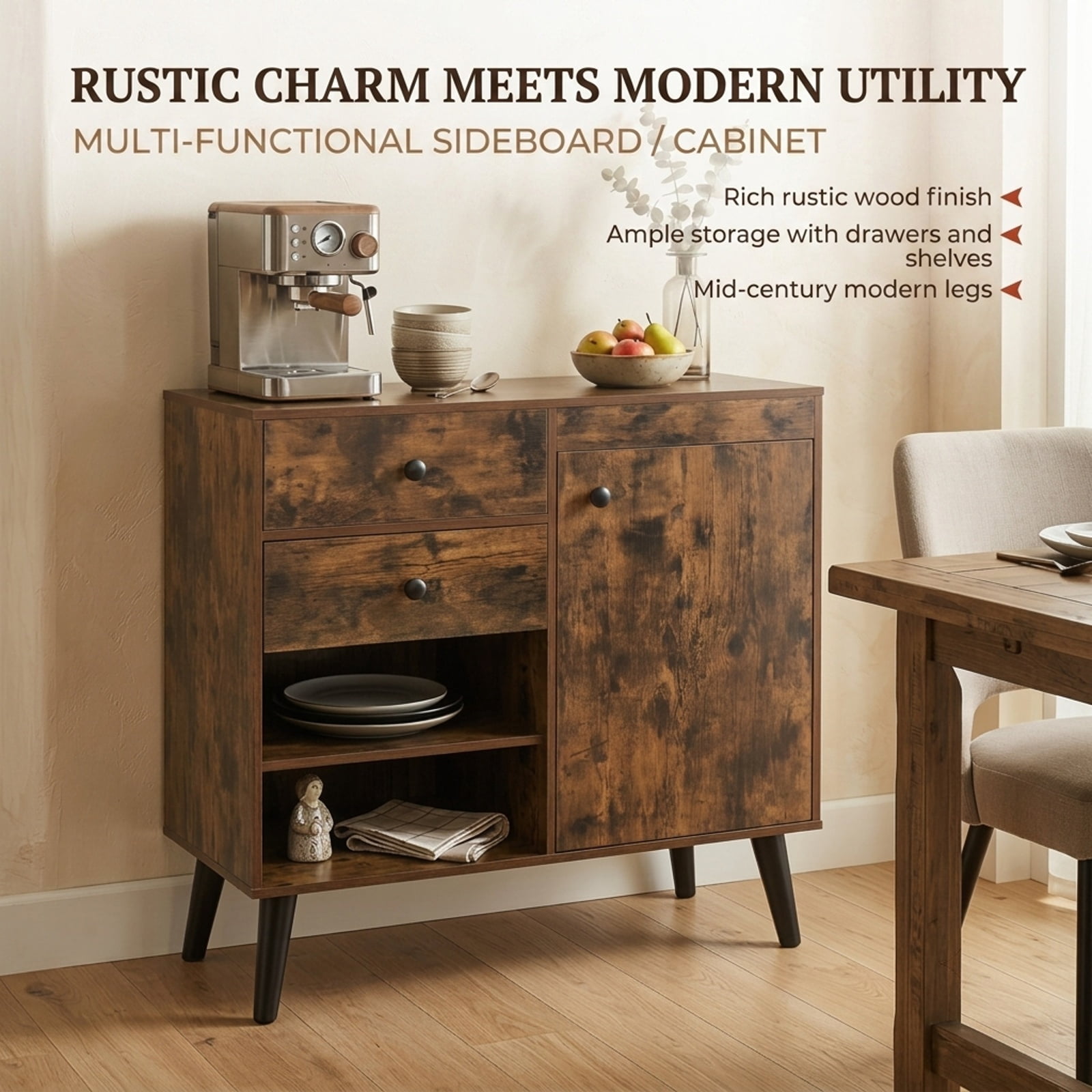 Furnibear 31" Sideboard Cabinet with 2 Open Compartments and 2 Drawers for Kitchen Dining Living Room Buffet Storage Server, Rustic Brown