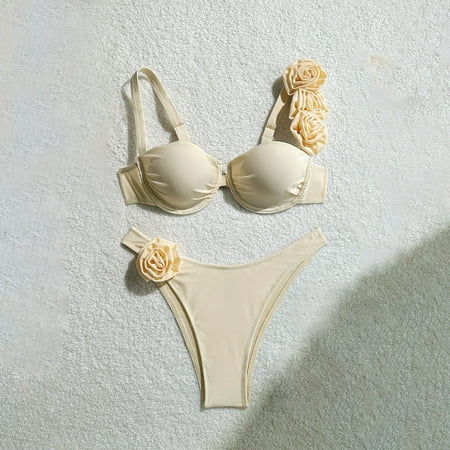 Jjayotai No Boundaries Bikini Sets for Women  3D Floral High Cut Push Up Sexy Thong Swimsuit  2 Piece Padded Underwire Bathing Suit  Women s Swimwear Beige~ L