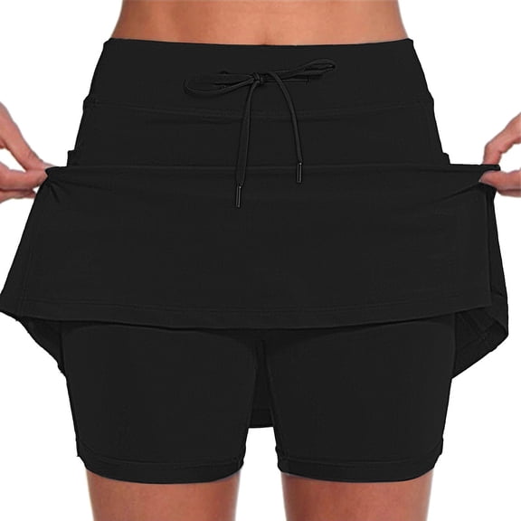 CIENVNSTG Versatile Skorts for Women High Waist Drawstring Tennis Skort with Built-In Anti-Chafe Shorts for Yoga Running Golf Black L