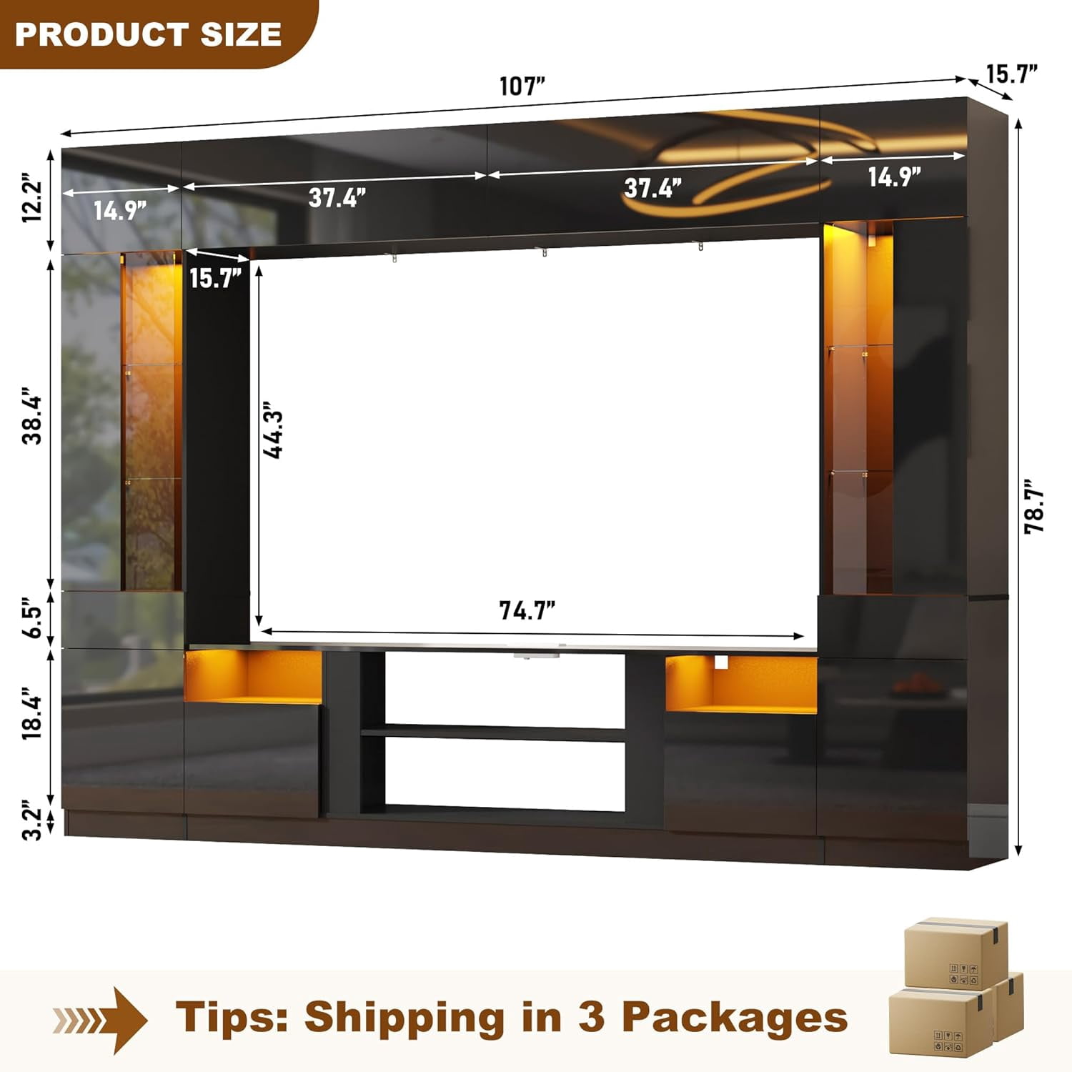 ANPOO 107" Large Wall Unit Entertainment Center with Bookshelves & LED Lights and Storage Shelves, Modern High Glossy TV Stand Media Console Table with Bridge Cabinet for Living Room & Home Theater