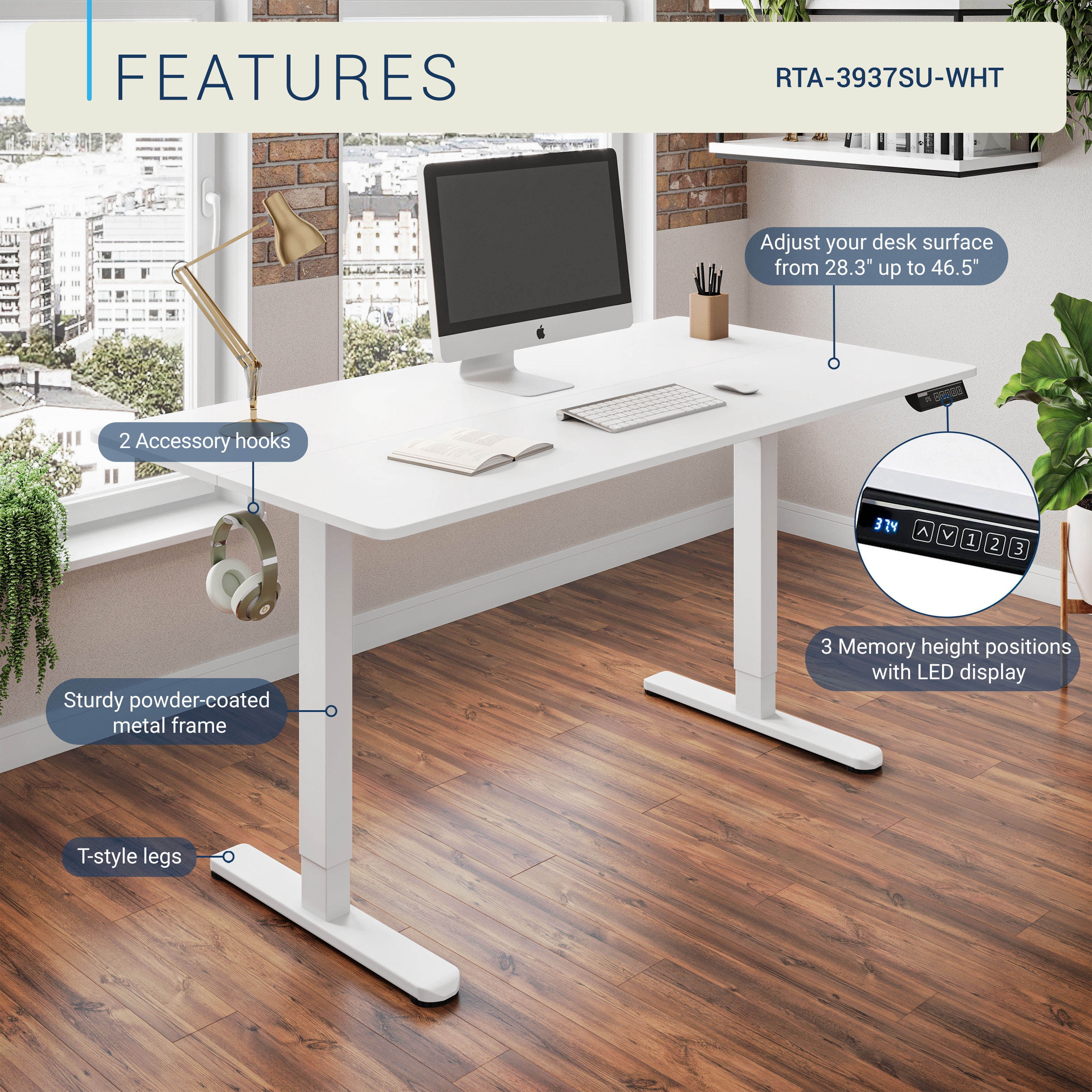 Sit-to-Stand Desk, Height Adjustable Standing Desk with 3 Memory Presets & Dual Headphone Hooks, Electric Lift Workstation for Home Office Gaming