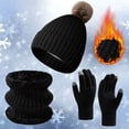 thumbnail image 2 of 3 Pcs Winter Satin Silk Lined Beanie Hat Long Knit Scarf Touchscreen Wool Gloves Set for Women Men, 2 of 3