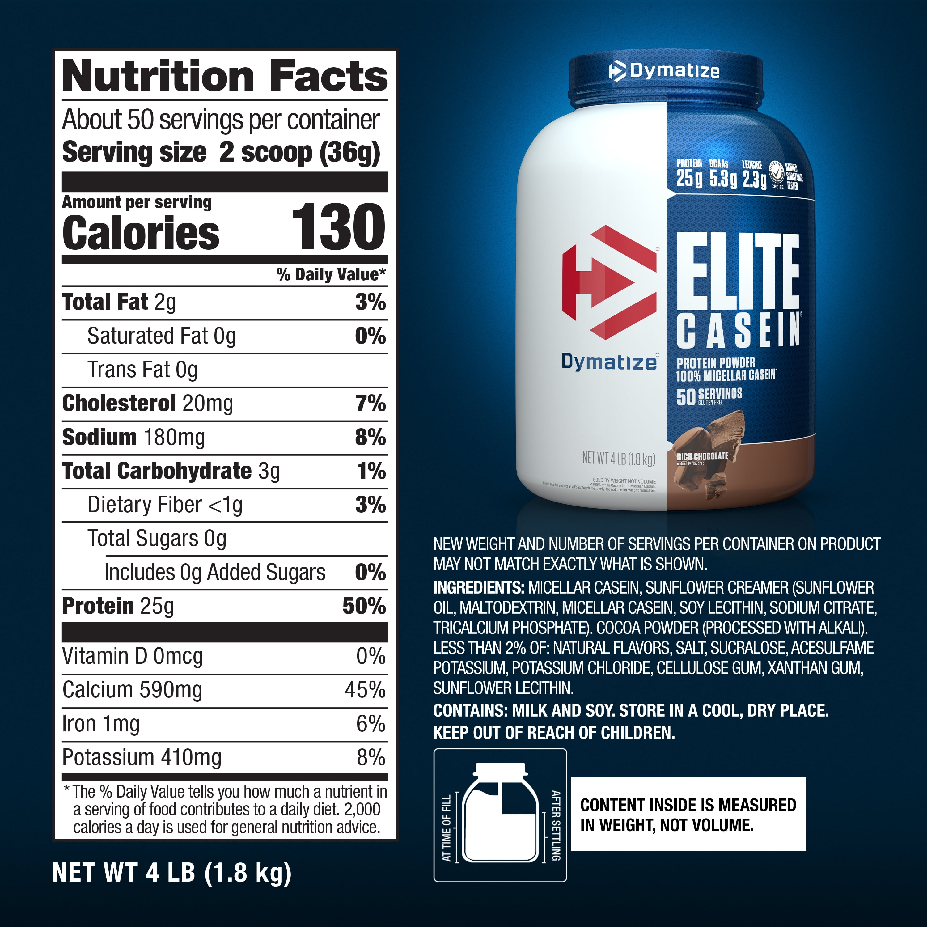 Dymatize Elite Casein Protein Powder, Rich Chocolate, 4 lb