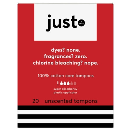 JUST Cotton Core Tampons with Plastic Applicators, Super, 20