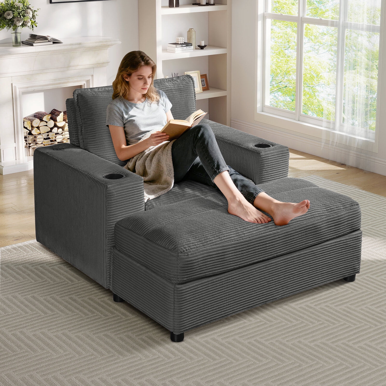 Lunale 42.8" Accent Chair with Ottoman, Indoor Chaise Lounge Chair with USB & Storage, Plush Reading Sofa Armchair for Living Room, Bedroom, Apt, Gray Corduroy